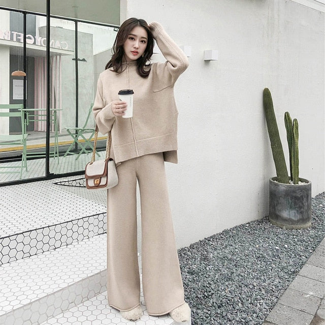 Korean Style Knitted Two Piece Set For Women Full Sleeve Sweater