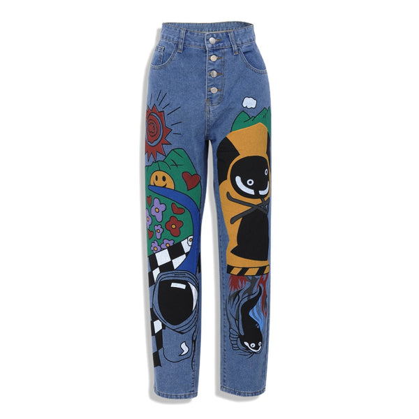 Women’s Vintage High Waist Cartoon Denim Jeans