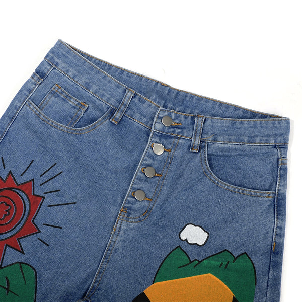 Women’s Vintage High Waist Cartoon Denim Jeans