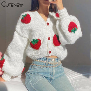 Cute Strawberry Knit Cropped Cardigan