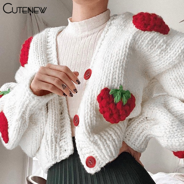 Cute Strawberry Knit Cropped Cardigan