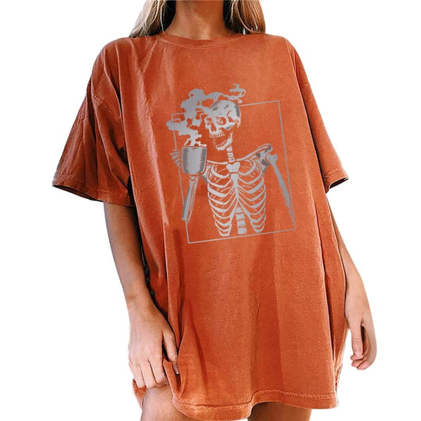 Women's Loose-fit Graphic Tee Skeleton Drinking Coffee