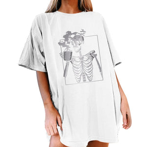 Women's Loose-fit Graphic Tee Skeleton Drinking Coffee