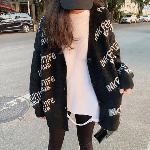 Women's Black Streetstyle Knitted Cardigan