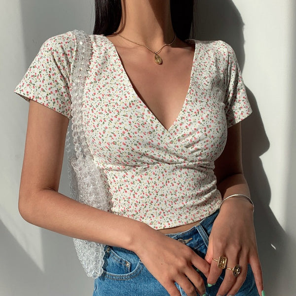 Women's Vintage Floral Cross Crop Top